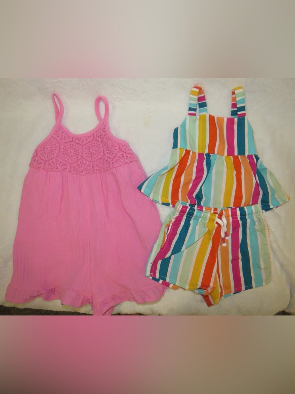 Girls Pink Crochet Romper + Multicolor Stripe Tank & Shorts Set